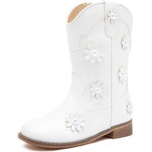 ⚡Girls White Floral Embroidered Cowgirl Boots Western Square Toe Mid Calf